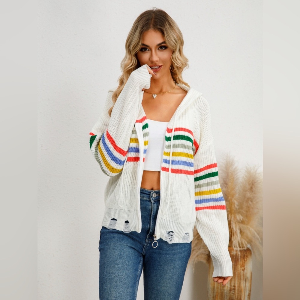 White and Colorful Striped Hooded Cardigan - Picture 3 of 7